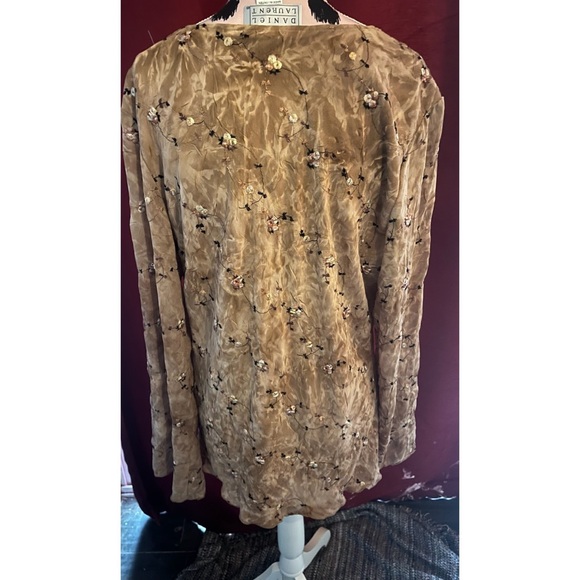 Y2K 90’s Neutral Beige Floral Embroidered Long Sleeve Blouse - Picture 2 of 4